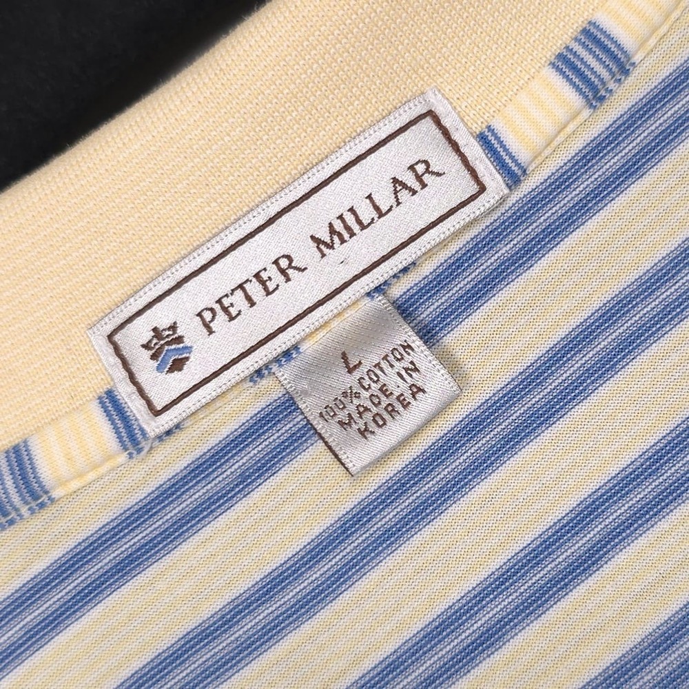 PETER MILLAR Vintage Mens Polo Shirt LARGE Striped Yellow Blue Cotton Korea Made